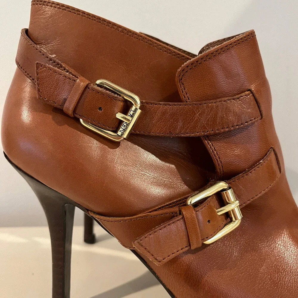 Lauren Ralph Lauren Cognac Leather Ankle Booties with Gold Buckles